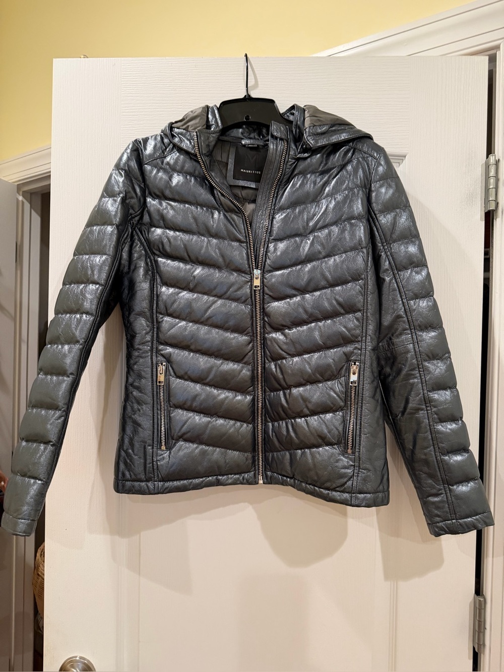 Mauritius Leather Hooded Puffer Jacket - Metallic Blue Gray